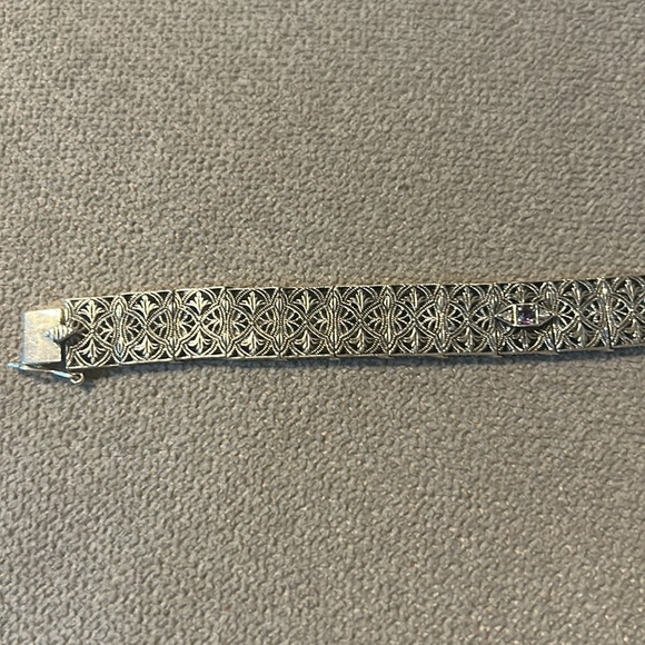 VINTAGE STERLING INTRICATE BRACELET WITH 3 AMETHYST CHIPS AND SMALL DIAMONDS. - Picture 2 of 5